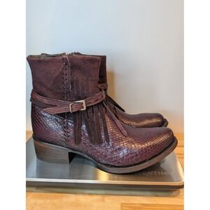 Cuadra Burgundy Snakeskin Ankle Boots‎ with Fringe Strap Western Women SZ 6.5 E1